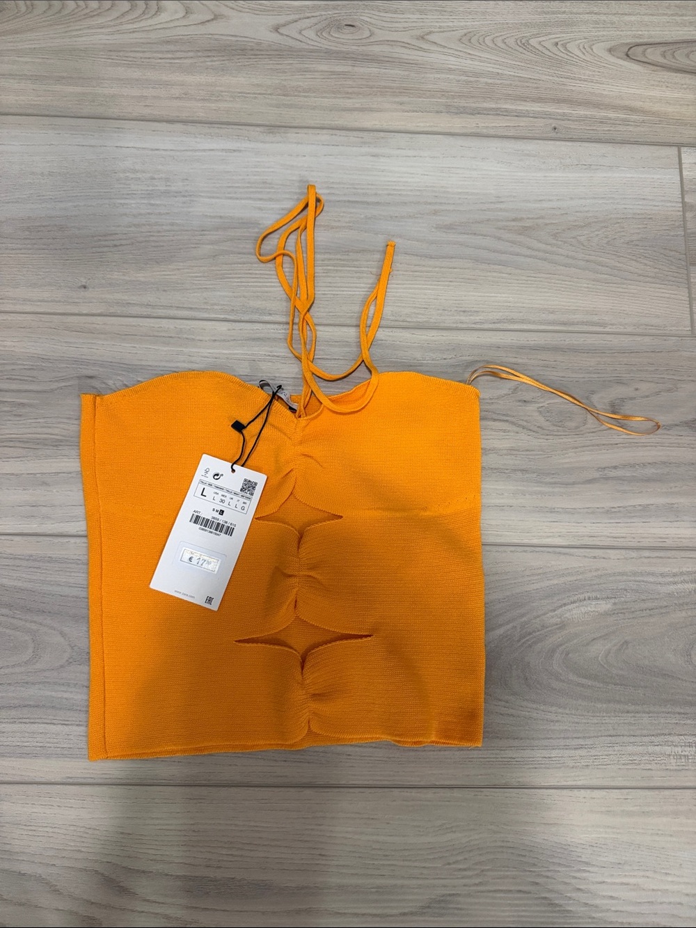 Zara Bright Orange Ruched Strapless Crop Top with Tie Straps